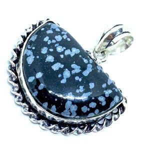 Snowflake Obsidian Pendant Necklace 925 Silver Half Moon Bold Artisan